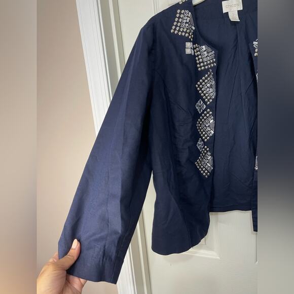 Chico’s Blue Crop Open Front Linen Blend Stud Rhinestone Jacket size Large - Picture 3 of 9